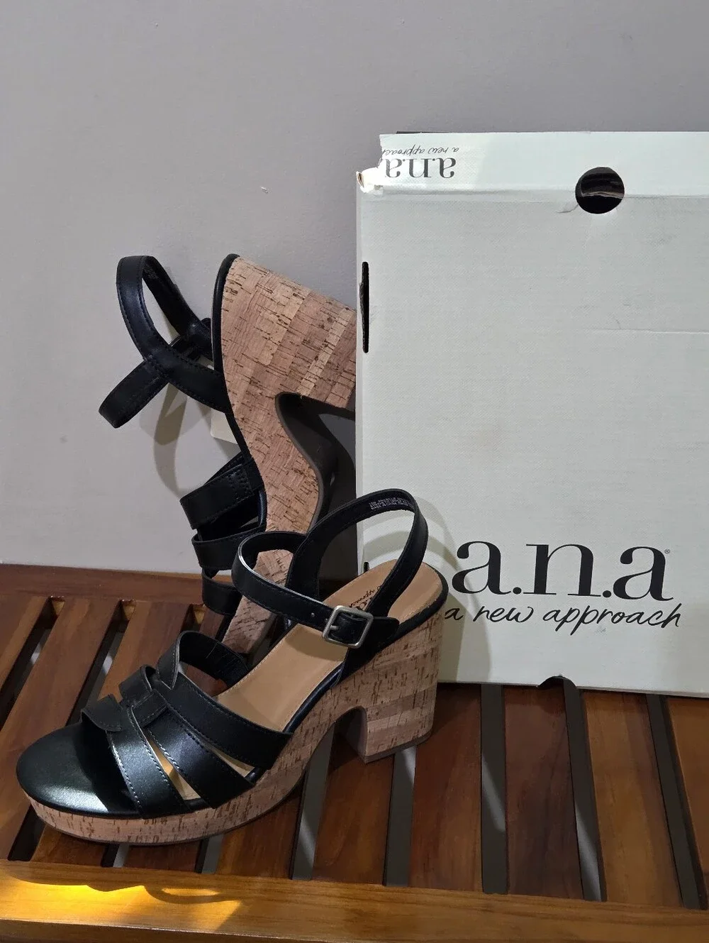 a.n.a Billie Black Strappy Cork Wedge Sandals Size 10 NEW